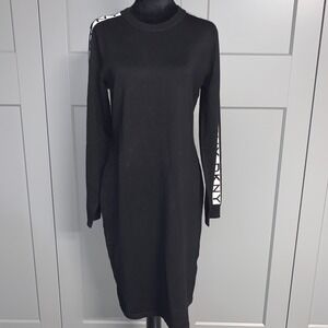 DKNY Black Sweater Dress Long Sleeve Logo Tape Bodycon Pullover Career Casual L